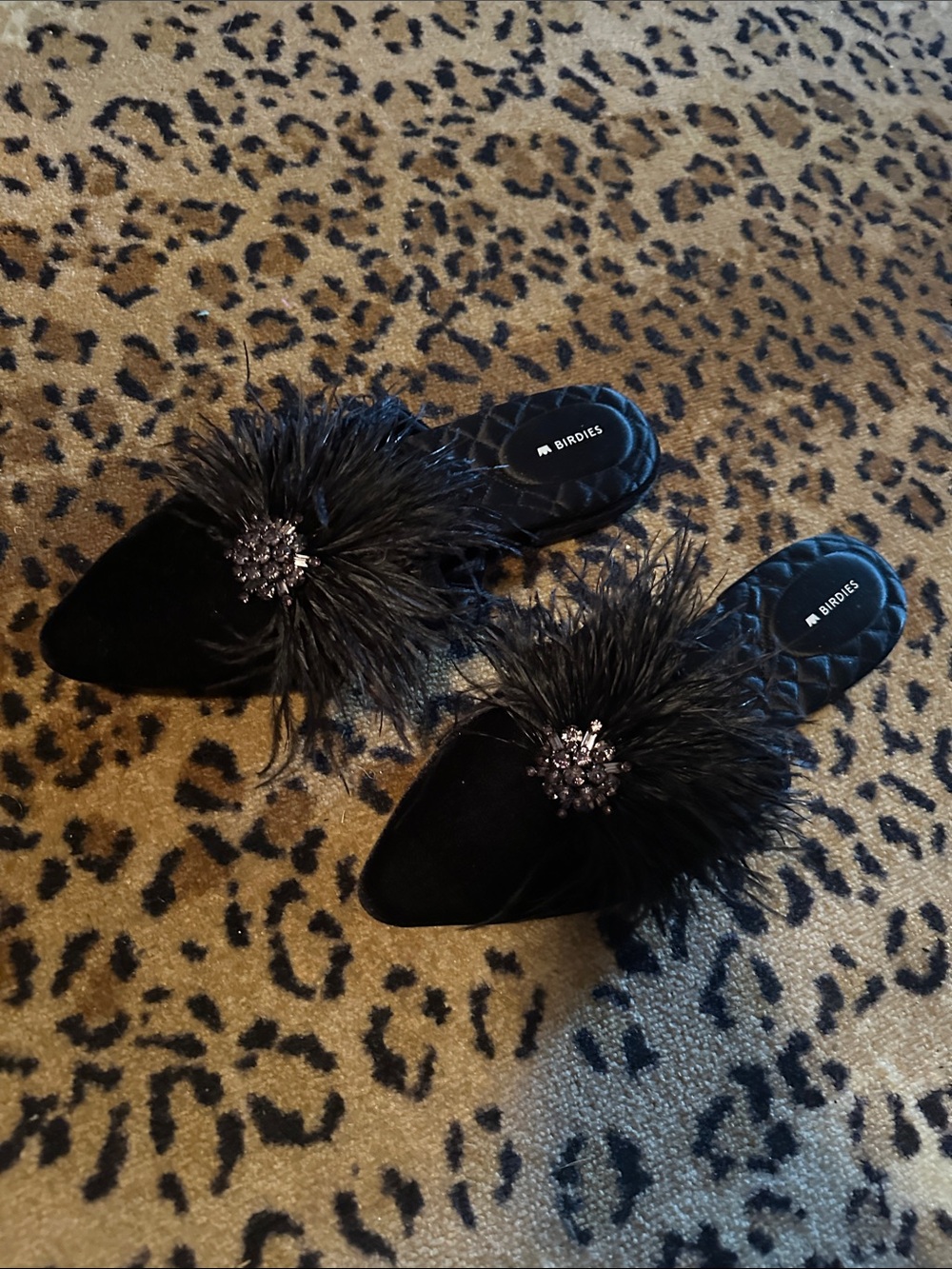 Birdies Black Feather & Jewel Slip-On Mules
